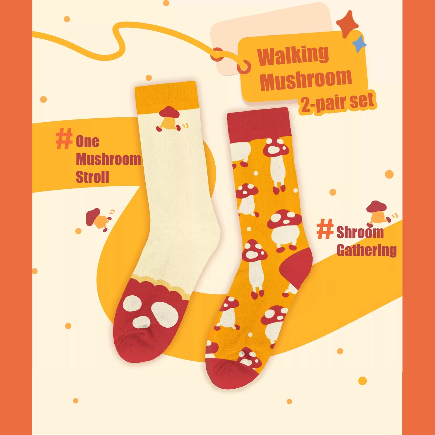 A promotional image for Delicious in Dungeon (Dungeon Meshi) fan-made mid-crew socks, featuring the beloved Walking Mushroom design. The socks boast a vibrant red, white, and yellow color scheme, with the mushroom's iconic red cap, white spots, and wiggly yellow legs. The mid-calf length offers both style and comfort, perfect for fans to showcase their love for the series in a playful, wearable way. The product is displayed flat against a clean background, highlighting the charming and detailed 