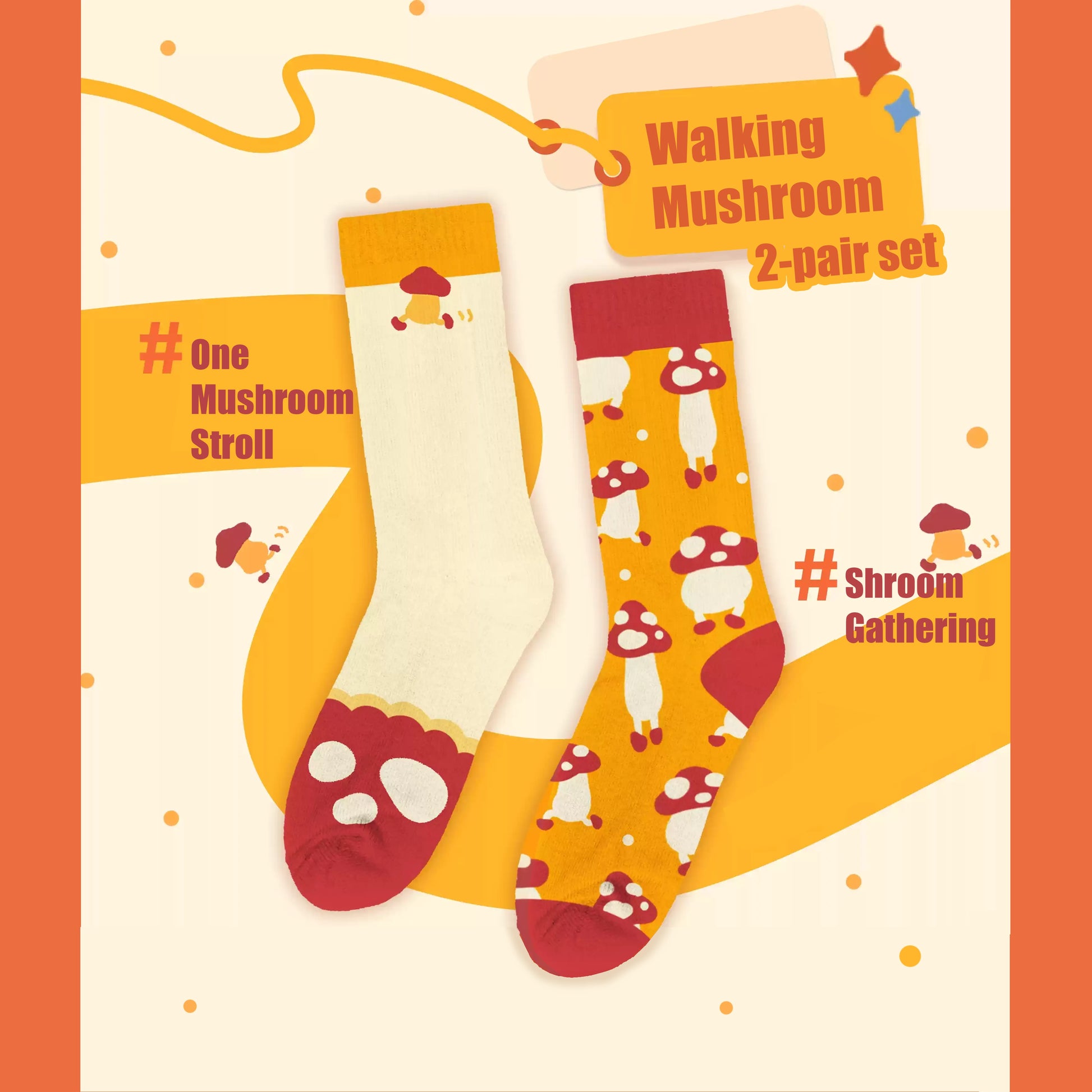 A promotional image for Delicious in Dungeon (Dungeon Meshi) fan-made mid-crew socks, featuring the beloved Walking Mushroom design. The socks boast a vibrant red, white, and yellow color scheme, with the mushroom's iconic red cap, white spots, and wiggly yellow legs. The mid-calf length offers both style and comfort, perfect for fans to showcase their love for the series in a playful, wearable way. The product is displayed flat against a clean background, highlighting the charming and detailed 