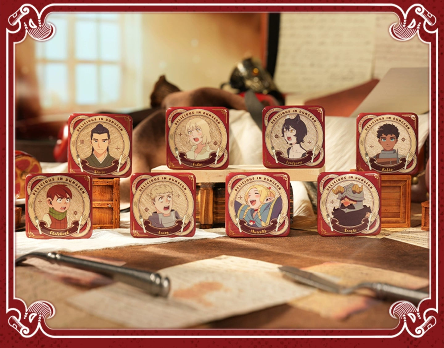 Delicious in Dungeon Mystery Enamel Pin Box - Blind Box Collectible Badges, Anime Character Surprise Set (8 Styles)