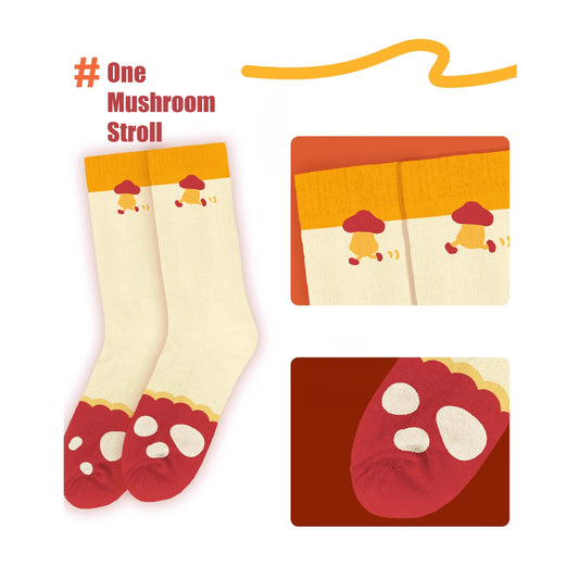 A promotional image for Delicious in Dungeon (Dungeon Meshi) fan-made mid-crew socks, featuring the beloved Walking Mushroom design. The socks boast a vibrant red, white, and yellow color scheme, with the mushroom's iconic red cap, white spots, and wiggly yellow legs. The mid-calf length offers both style and comfort, perfect for fans to showcase their love for the series in a playful, wearable way. The product is displayed flat against a clean background, highlighting the charming and detailed 