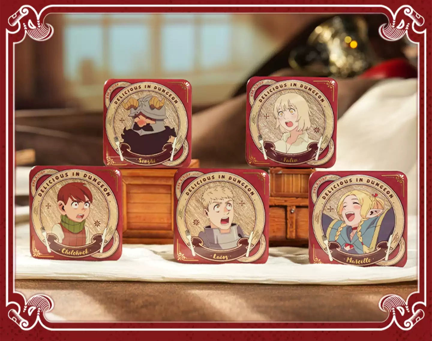 Delicious in Dungeon Mystery Enamel Pin Box - Blind Box Collectible Badges, Anime Character Surprise Set (8 Styles)