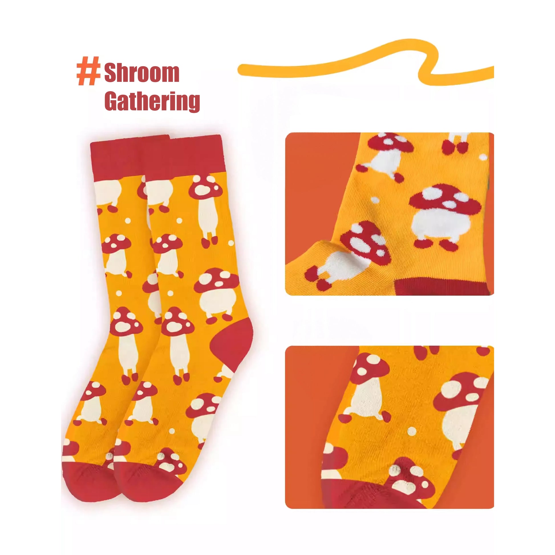 A pair of Delicious in Dungeon (Dungeon Meshi) fan-made mid-crew socks featuring the iconic Walking Mushroom design. The socks showcase the adorable red-capped mushroom with yellow spots and wiggly legs, set against a contrasting background. The vibrant red and yellow color scheme matches the creature's cheerful in-game appearance, while the mid-calf length makes them perfect for cozy or costume wear.