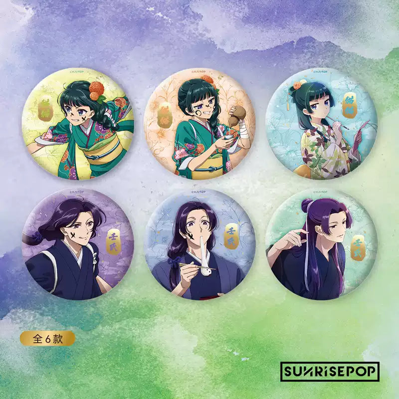 Anime pin badge blind box of 6 style set, features the characters 'Maomao' and "Jinshi' in Kimono form from the anime 'The Apothecary Diaries'.
