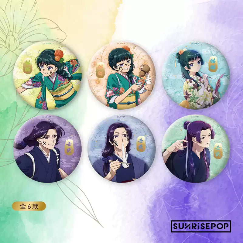 Anime pin badge blind box of 6 style set, features the characters 'Maomao' and "Jinshi' in Kimono form from the anime 'The Apothecary Diaries'.