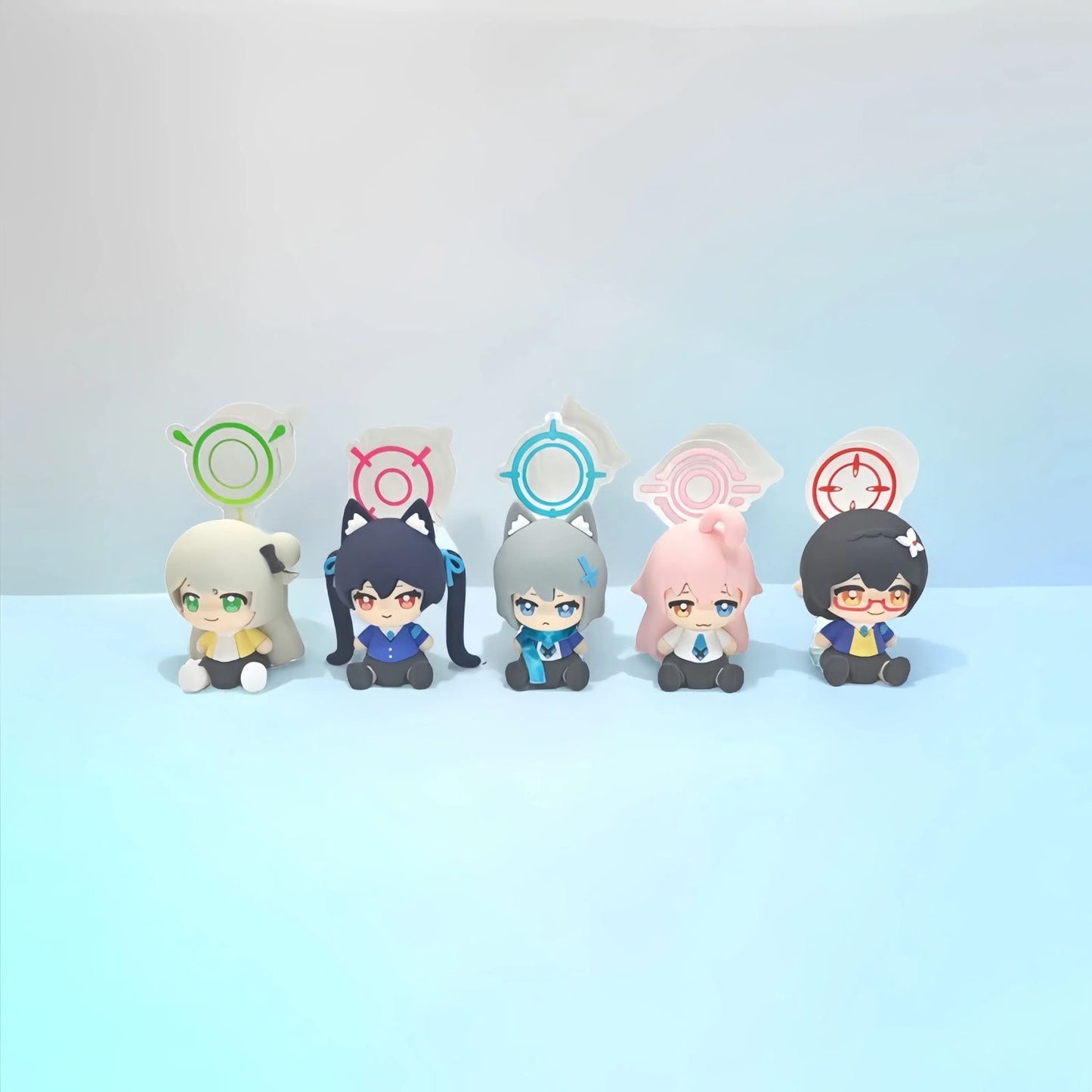 Blue Archive Chibi Figure - Abydos High School characters including砂狼シロコ, 黒見セリカ, 奥空アヤネ, 十六夜ノノミ, and 小鳥遊ホシノ