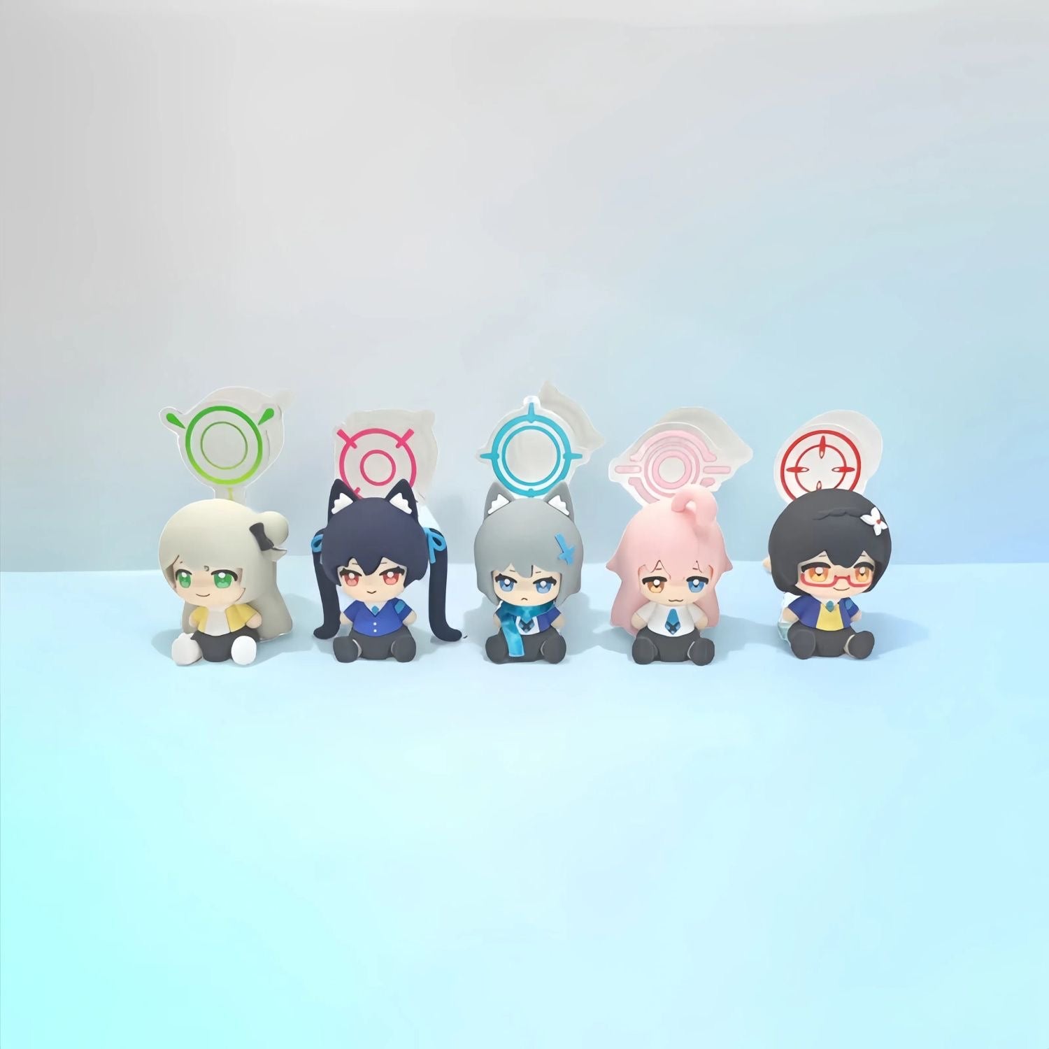 Blue Archive Chibi Figure - Abydos High School characters including砂狼シロコ, 黒見セリカ, 奥空アヤネ, 十六夜ノノミ, and 小鳥遊ホシノ